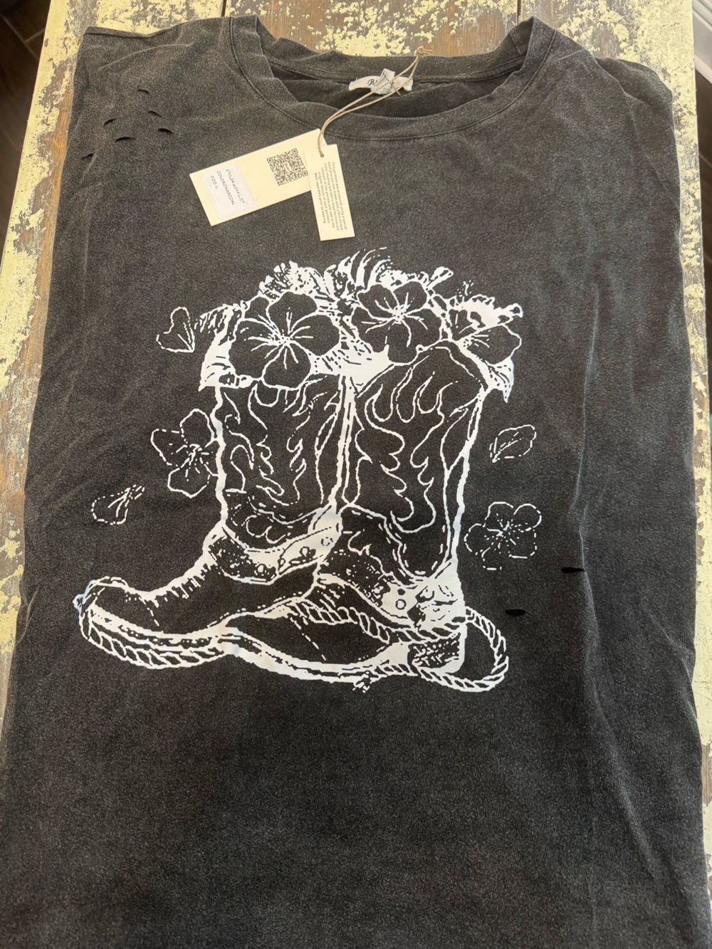 Graphic Cowboy Boot Tee with Floral Print - Black
